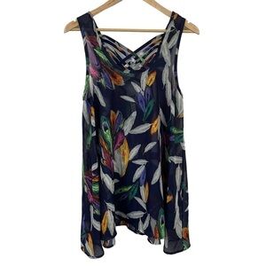 Miken Semi-Sheer Sleeveless Top Womens L Blue Multicolour Feathers Cute Layering
